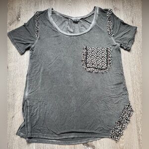POL Charcoal Gray Boho Embellished Pocket Tee One Size Short Sleeve Top